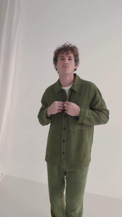 Codium green linen shirt men codium green pants full body view