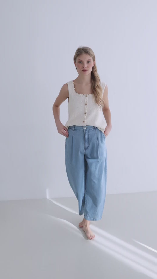 Light blue organic cotton denim pants women knit top full body view