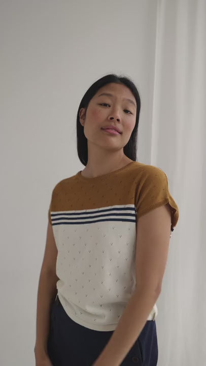 Ecru mustard knit top women navy pants full body view