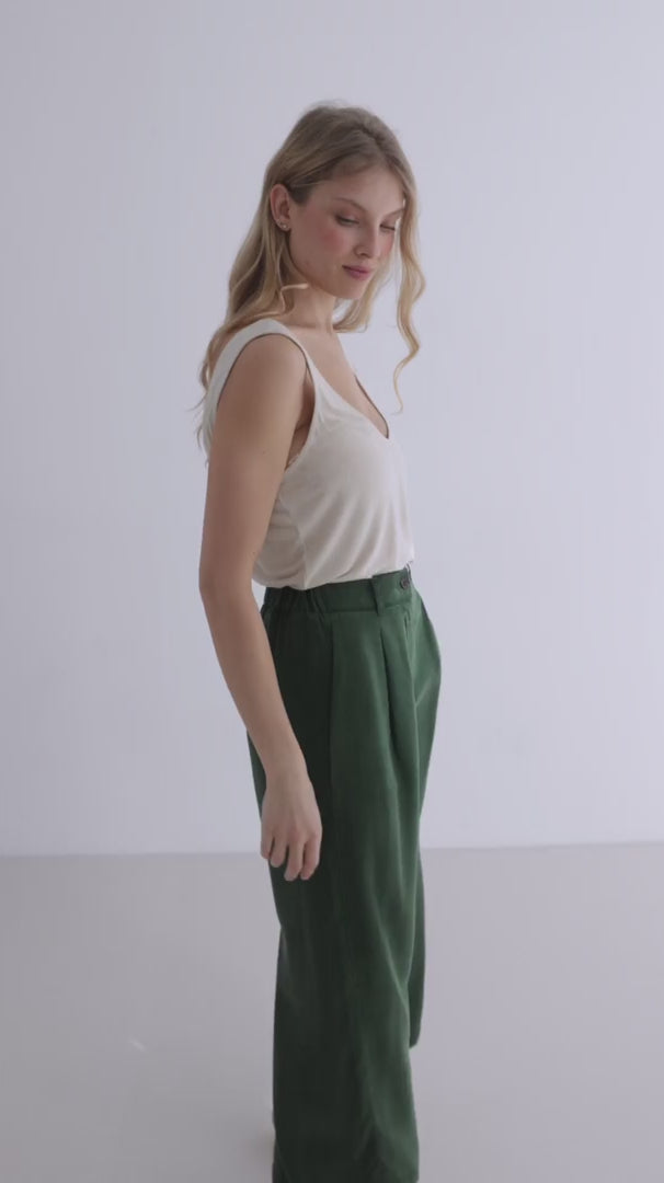 Garden green pants women ecru shirt full body view 