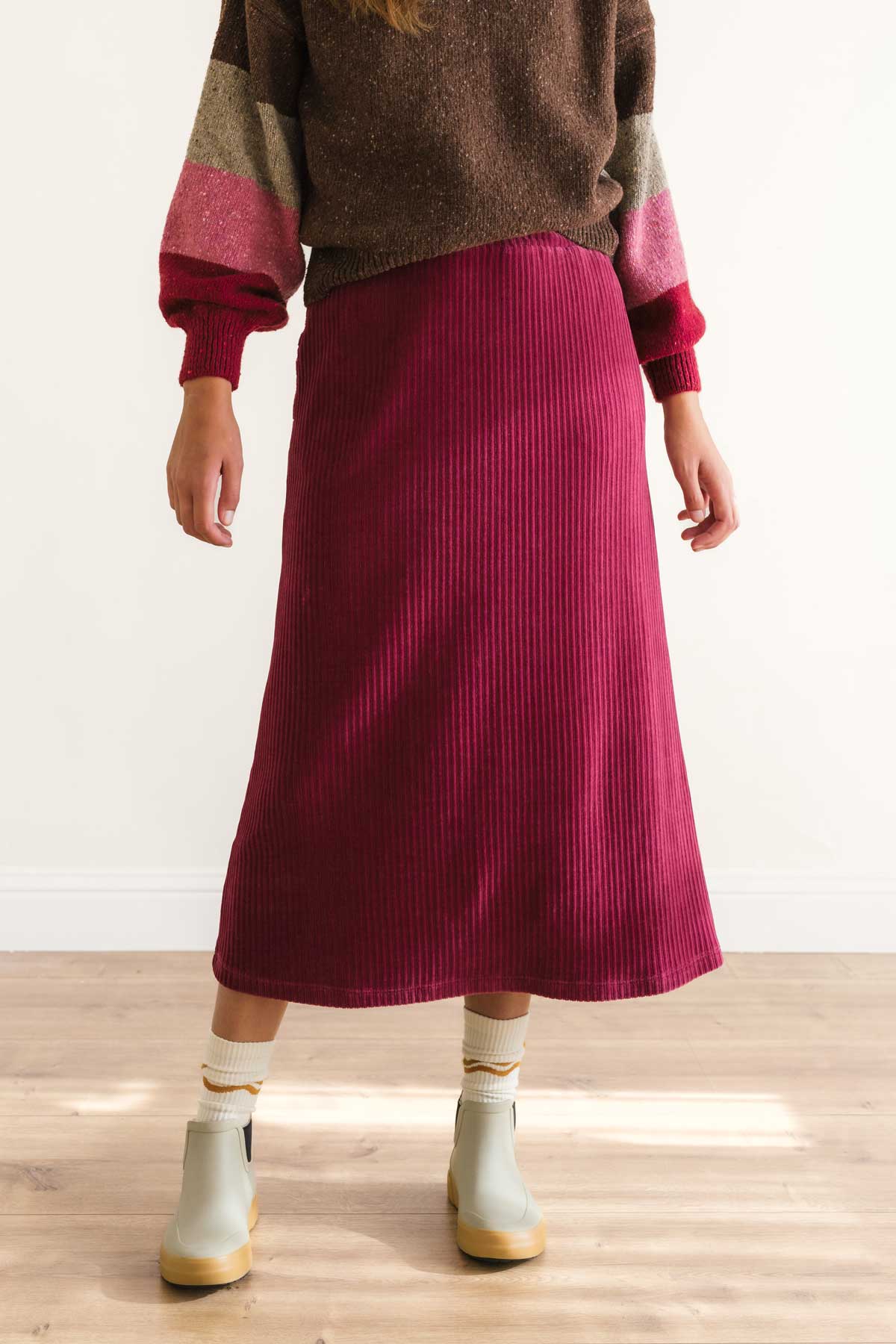 Burgundy A-line cord skirt